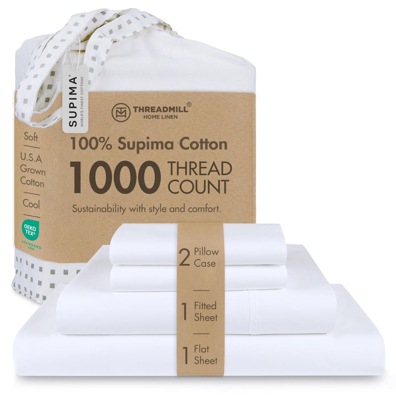 Threadmill 100% American Supima Cotton Sheets, Queen Sheet Set 1000 Thread Count Luxury 4 PC Luxury Bedding Set, Hotel Quality Sateen Weave, Hotel White Sheets with Elasticized Deep Pocket - Image 1